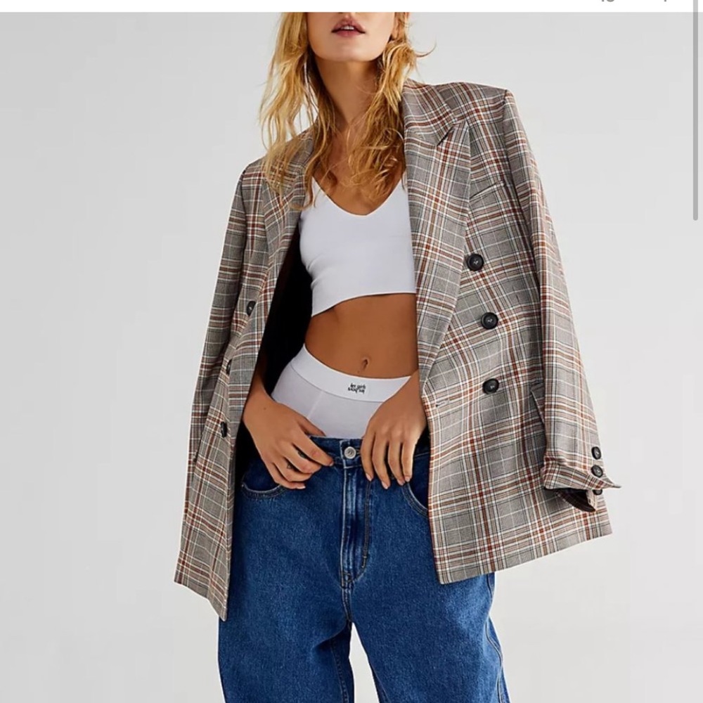Free People Orange Plaid Double Brested Blazer